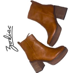 Zodiac Antonia Brown Leather Platform 90s Y2K Zip Ankle Booties Block Heels 7.5